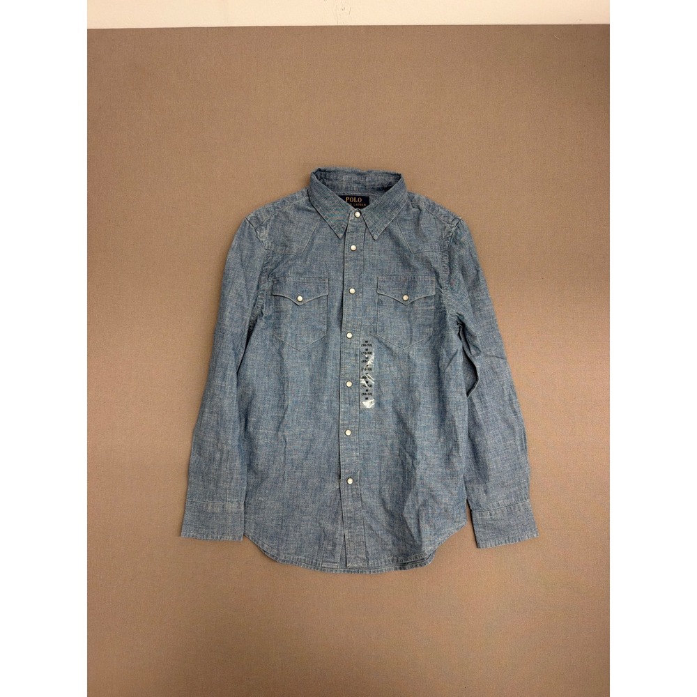 Polo Ralph Lauren Boys Blue Chambray Western Snap Button Shirt Size M 10-12 NWT